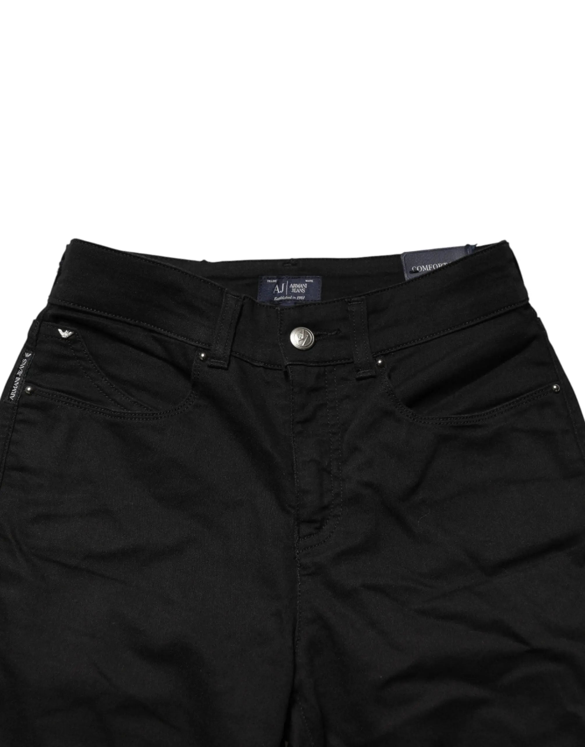 Jean skinny noir armani en denim stretch coton taille mi-haute avec design moderne et ferrures argentées subtiles
