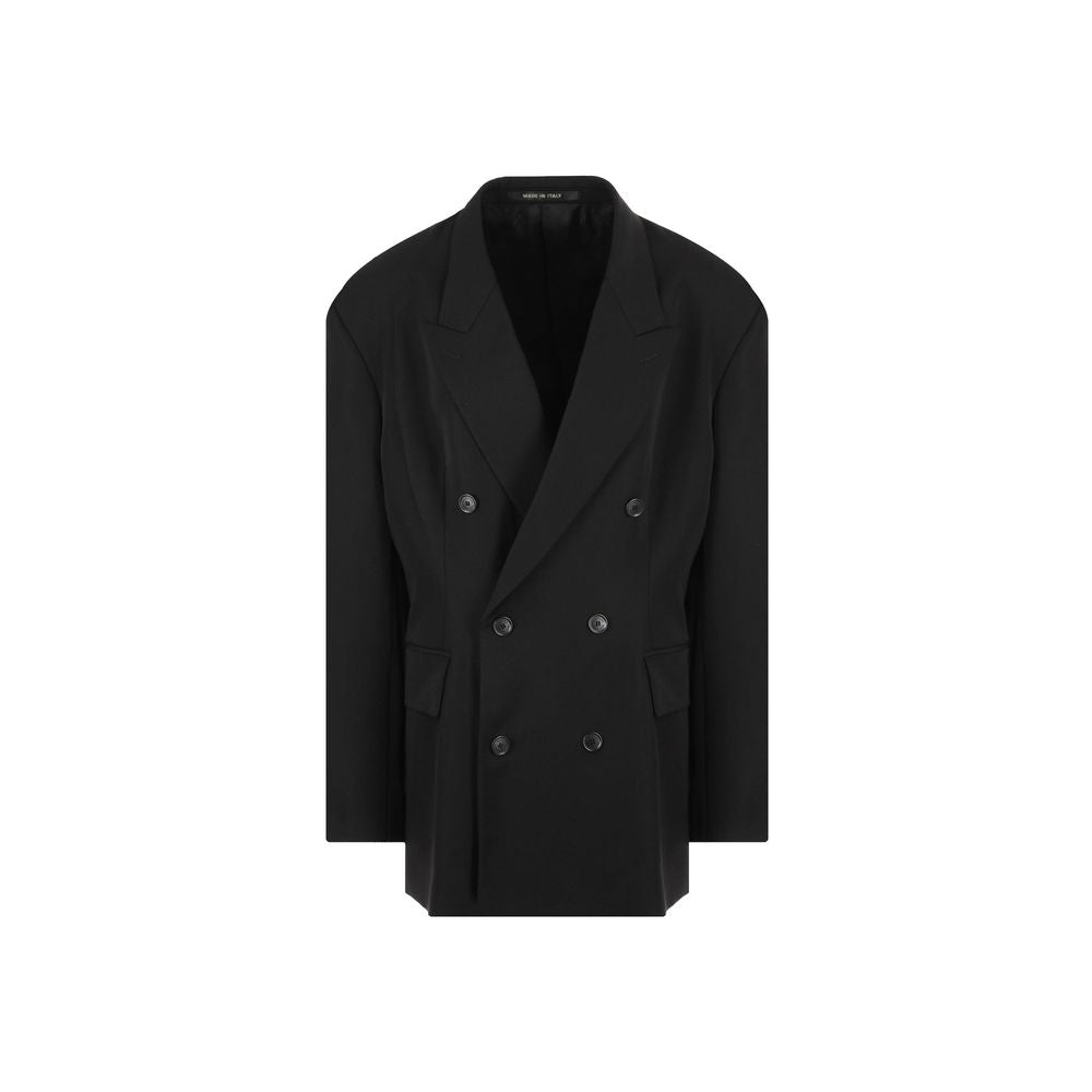 Veste en laine noire Balenciaga, élégante et sophistiquée, avec détails modernes et coupe ajustée.