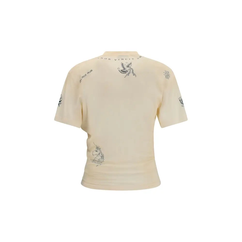 Crop top court beige en coton balenciaga avec broderie noire de créature fantastique et motifs textuels