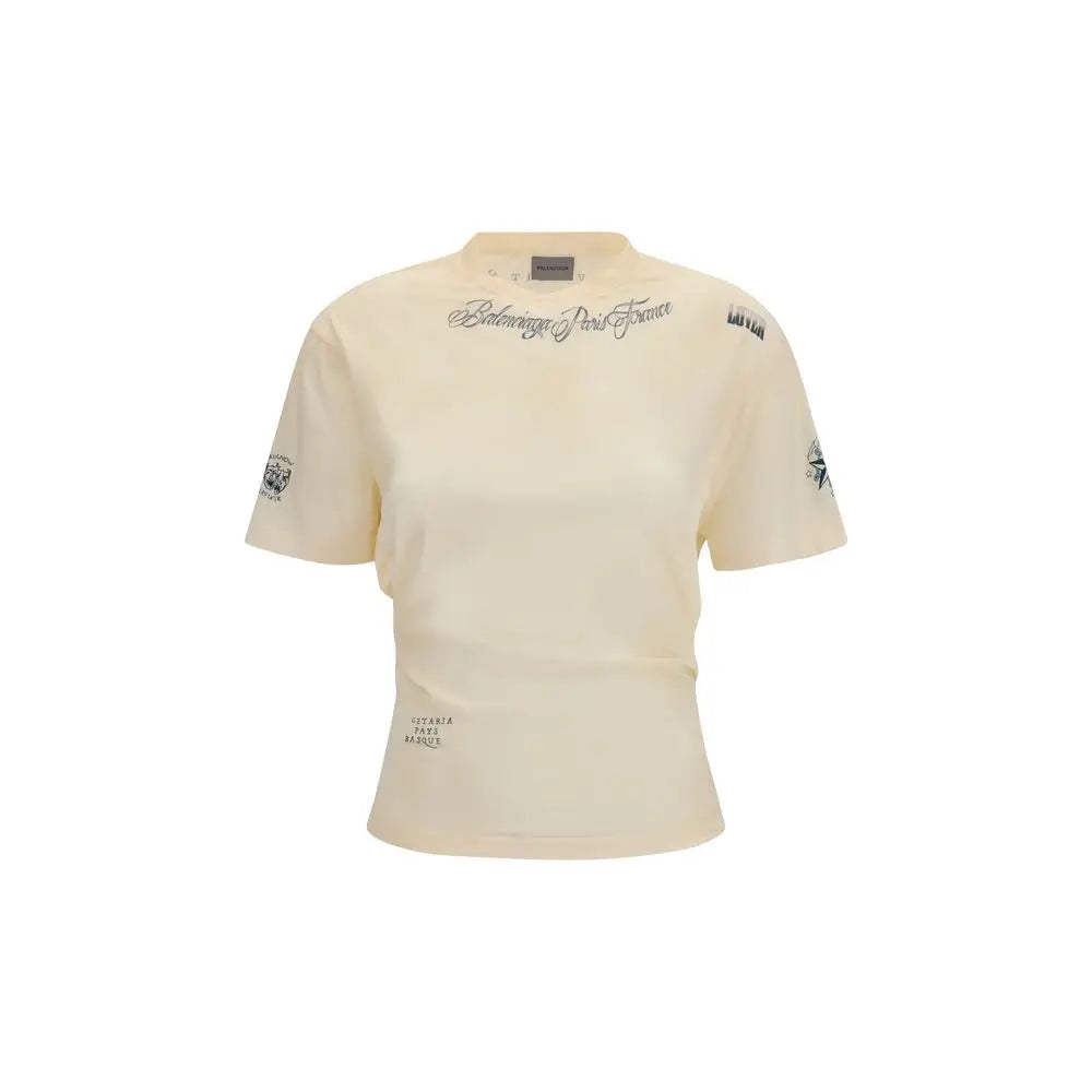 T-shirt beige balenciaga en coton avec logo brodé noir paris france et manches courtes