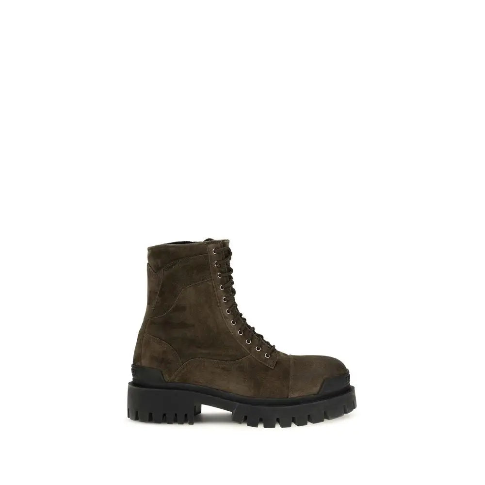 Bottes de combat balenciaga bicolor en cuir de veau kaki foncé avec semelle en caoutchouc noire épaisse et lacets
