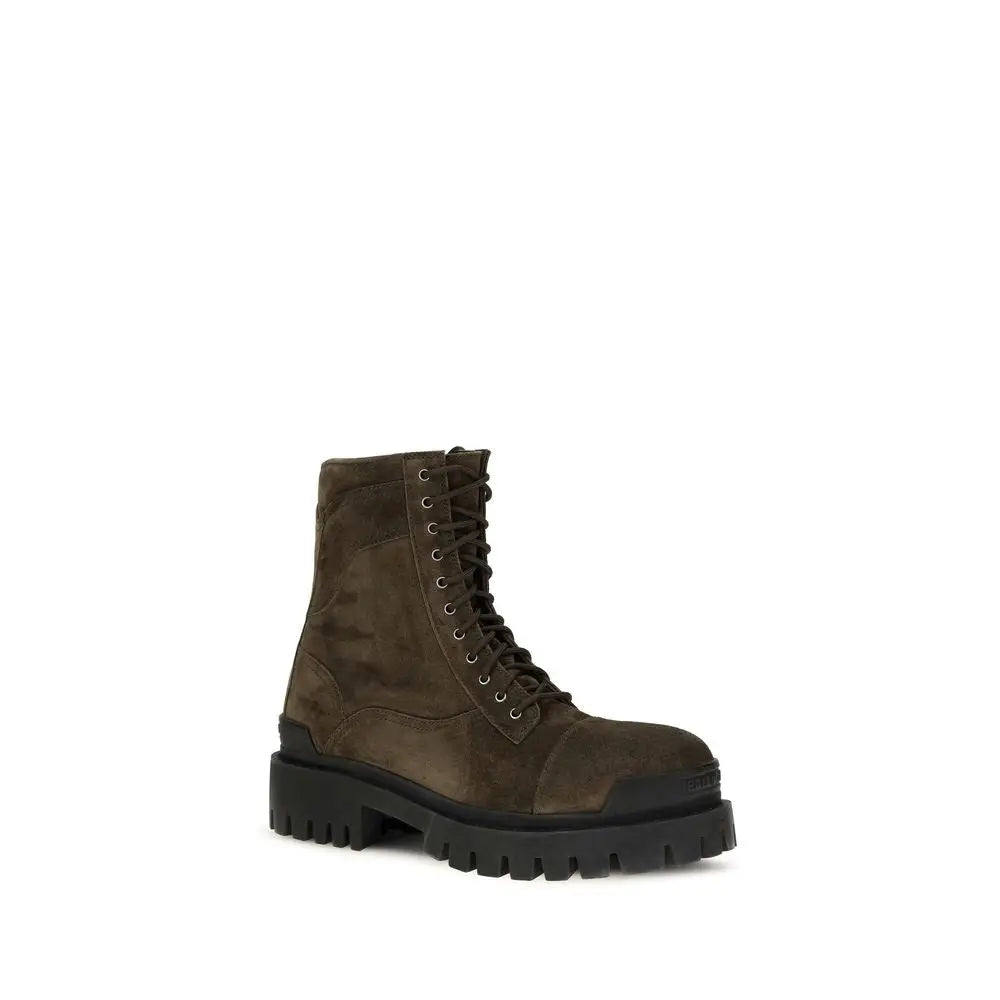 Bottes lacées balenciaga bicolor en cuir de veau marron foncé avec semelle en caoutchouc texturée et lacets noirs