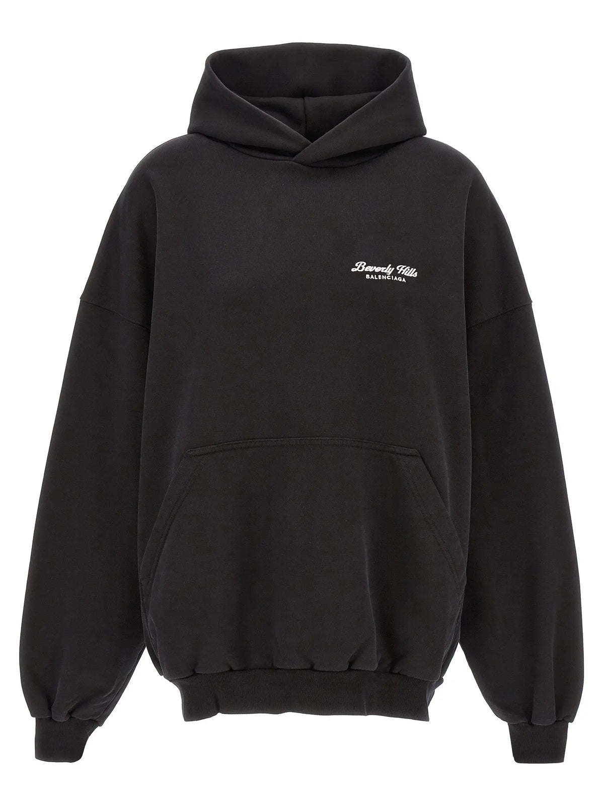 Sweat à capuche oversize noir en coton balenciaga avec broderies blanches beverly hills et balenciaga sur la poitrine