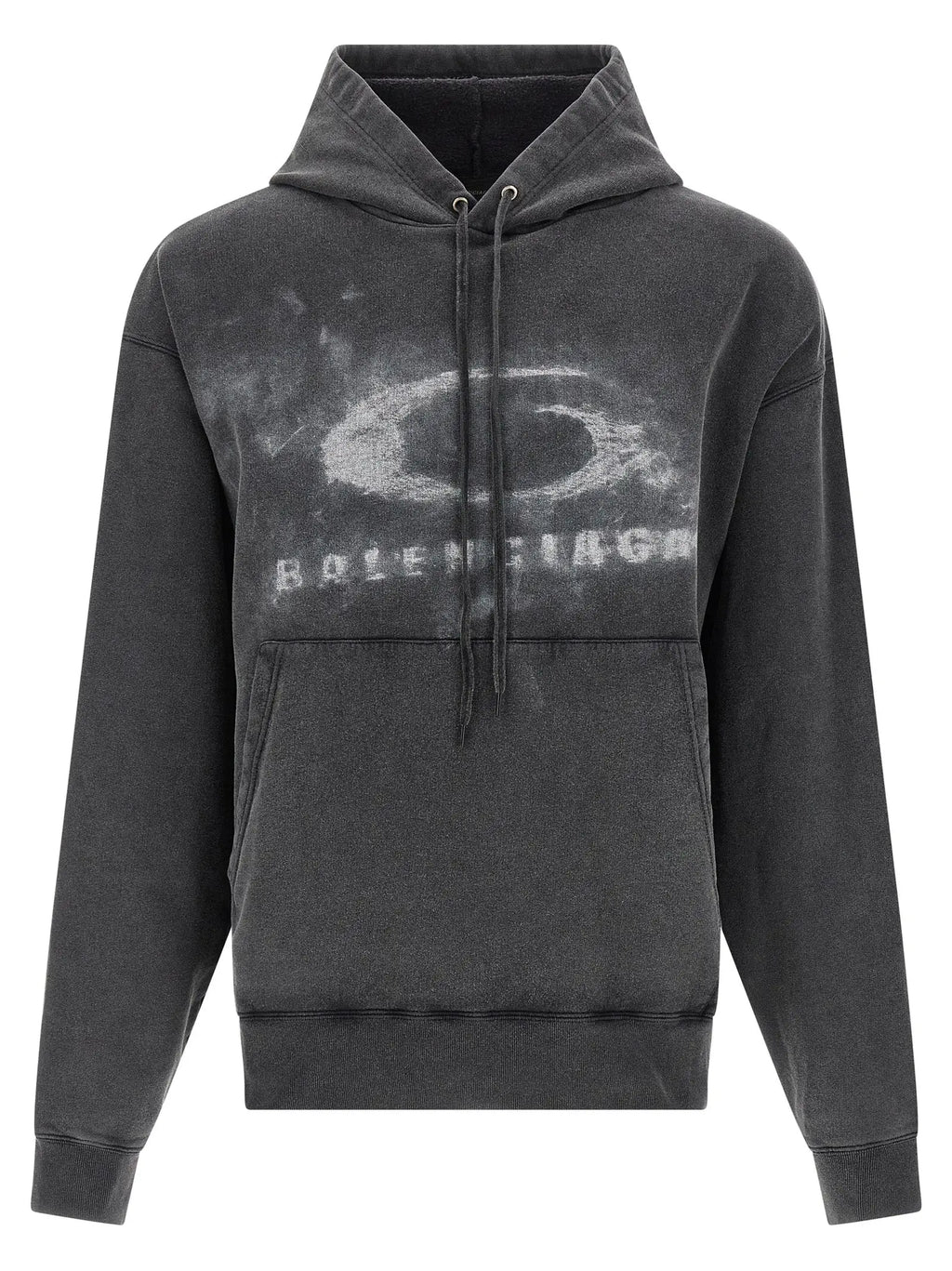 Sweatshirt balenciaga bicolor en coton gris foncé avec logo délavé et capuche usée, poche avant pratique