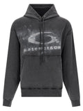 Sweatshirt balenciaga bicolor en coton gris foncé avec logo délavé et capuche usée, poche avant pratique