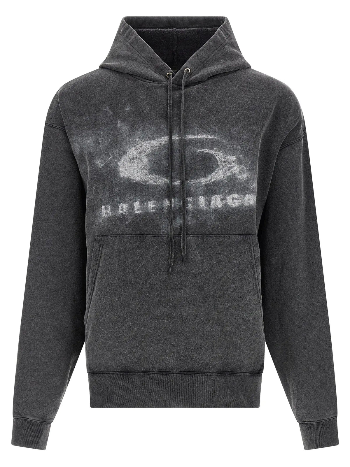 Sweatshirt balenciaga bicolor en coton gris foncé avec logo délavé et capuche usée, poche avant pratique