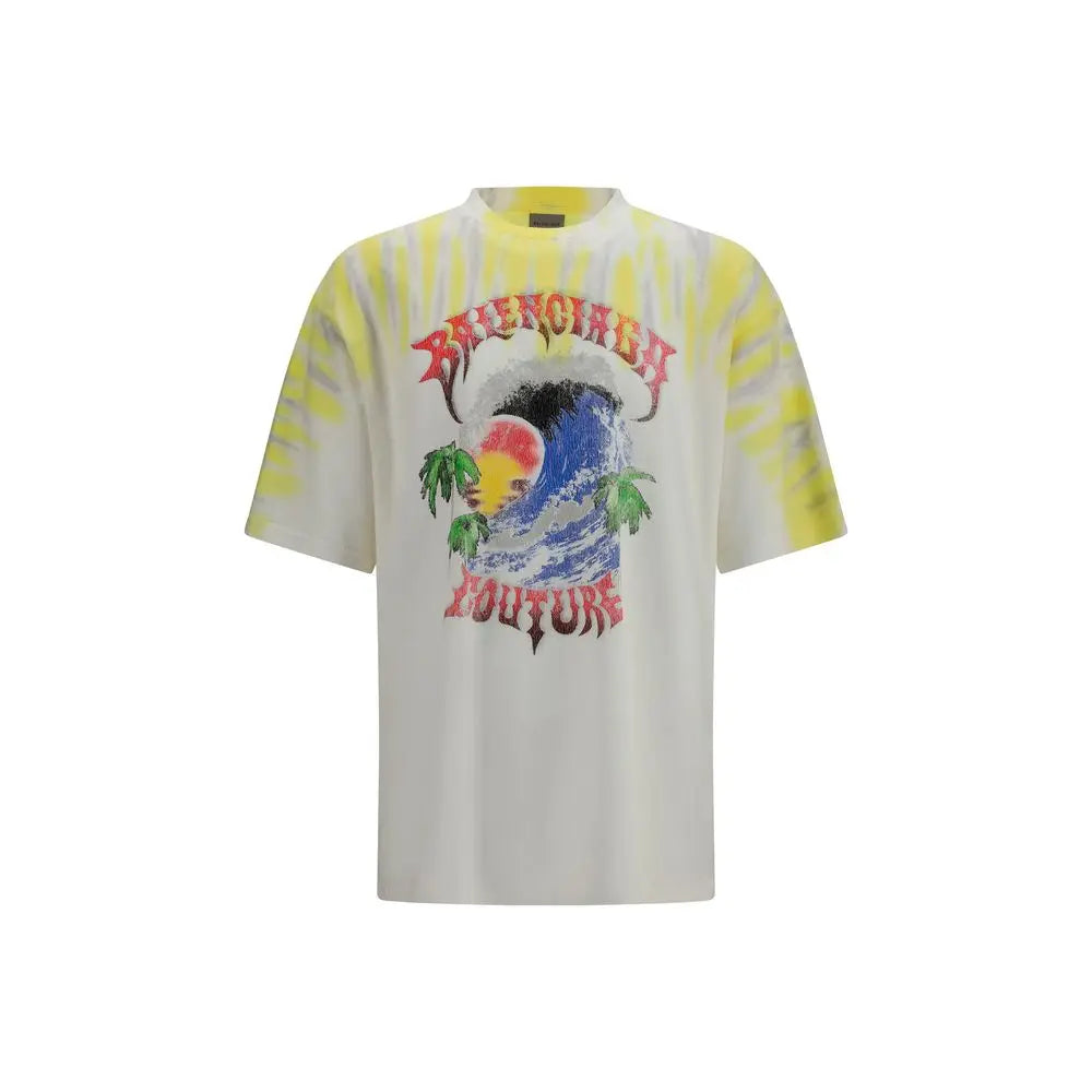 T-shirt en coton bicolor balenciaga jaune et blanc avec graphique vague palmier soleil et lettrage rouge jourture