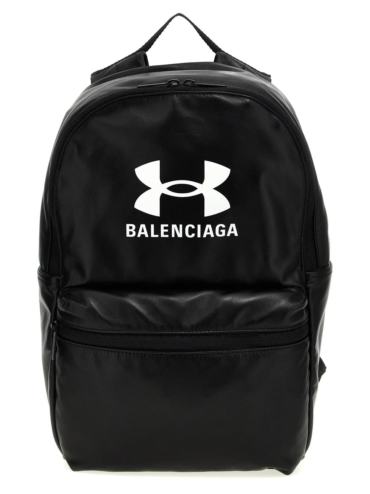Sac à dos balenciaga bicolor en cuir dagneau noir avec finition brillante et logo blanc balenciaga x under armour visible
