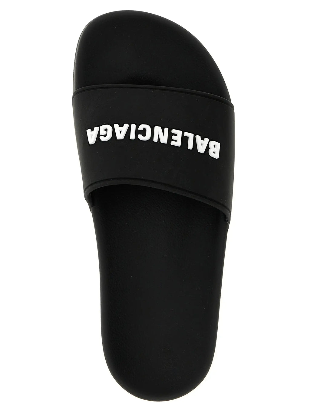 Sandale slide en caoutchouc noir balenciaga avec logo blanc bicolor en plastique sur la bride