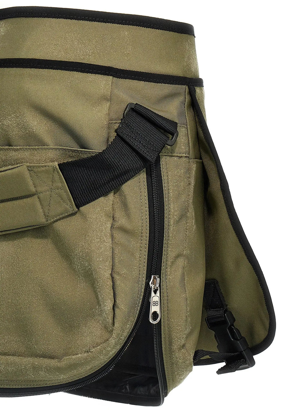 Sac à dos en toile olive avec garniture noire et tirettes de fermeture éclair dans la jupe longue bicolore en polyamide balenciaga
