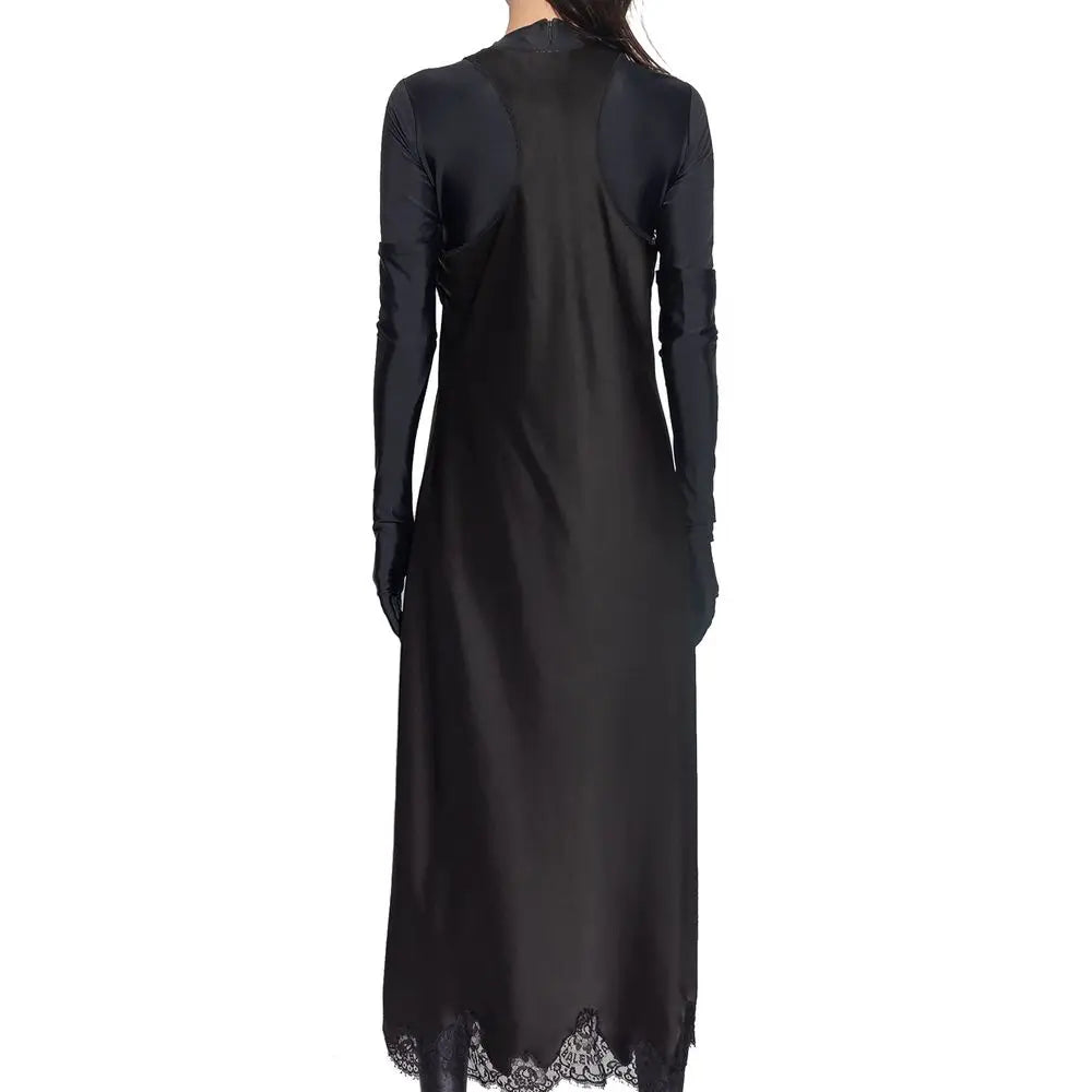 Robe décontractée balenciaga noire en satin avec manches longues et bordure en dentelle délicate au bas
