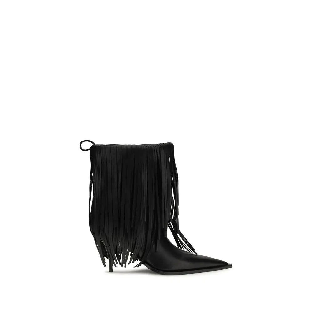 Bottes cheville balenciaga en cuir de veau noir bos taurus avec bout pointu talon haut et franges longues