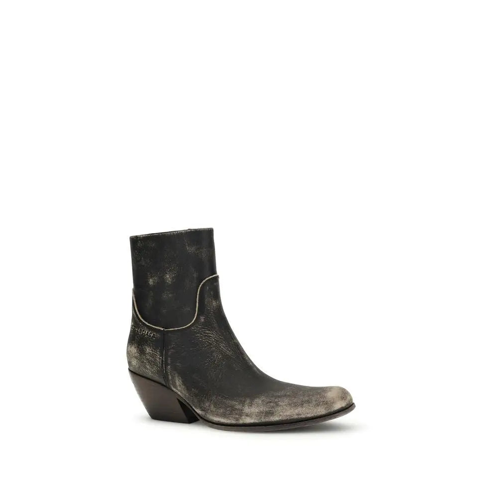 Bottine balenciaga bos taurus en cuir de veau noir avec talon bloc bas et coutures argentées apparentes