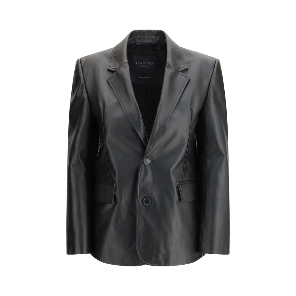 Blazer balenciaga noir en cuir de veau bos taurus avec finition brillante et épaules structurées