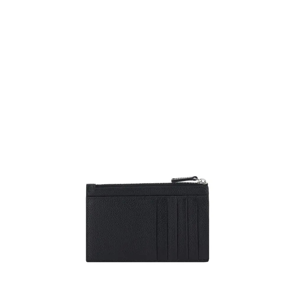Balenciaga black calf leather bos taurus wallet with black leather card case featuring vertical stitched compartments and silver zipper pull