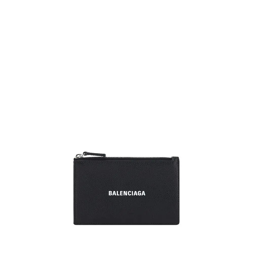 Balenciaga portefeuille bos taurus en cuir de veau noir avec étui à cartes en cuir noir logo blanc et fermeture éclair