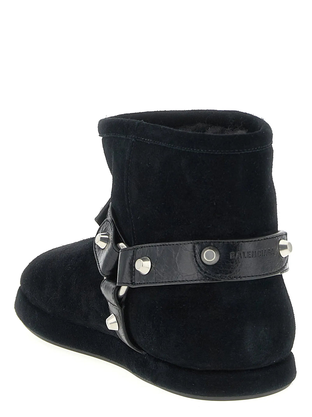 Bottines balenciaga en cuir de veau noir avec bride en cuir texturé et clous argentés