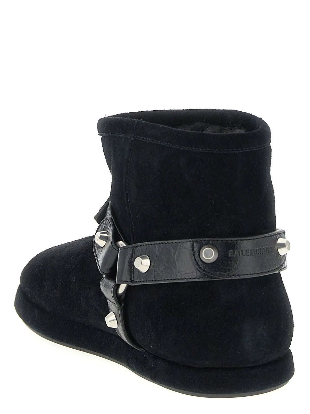 Bottines balenciaga en cuir de veau noir avec bride en cuir texturé et clous argentés