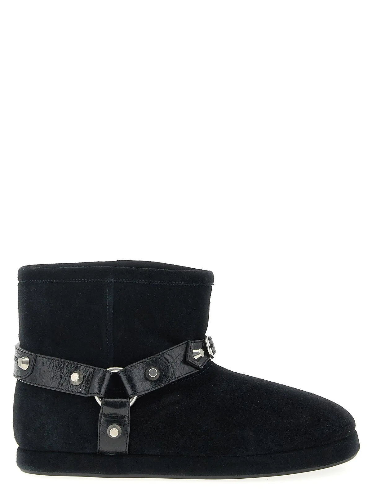 Bottines balenciaga noires en cuir de veau avec bride en cuir noir et accents métalliques argentés