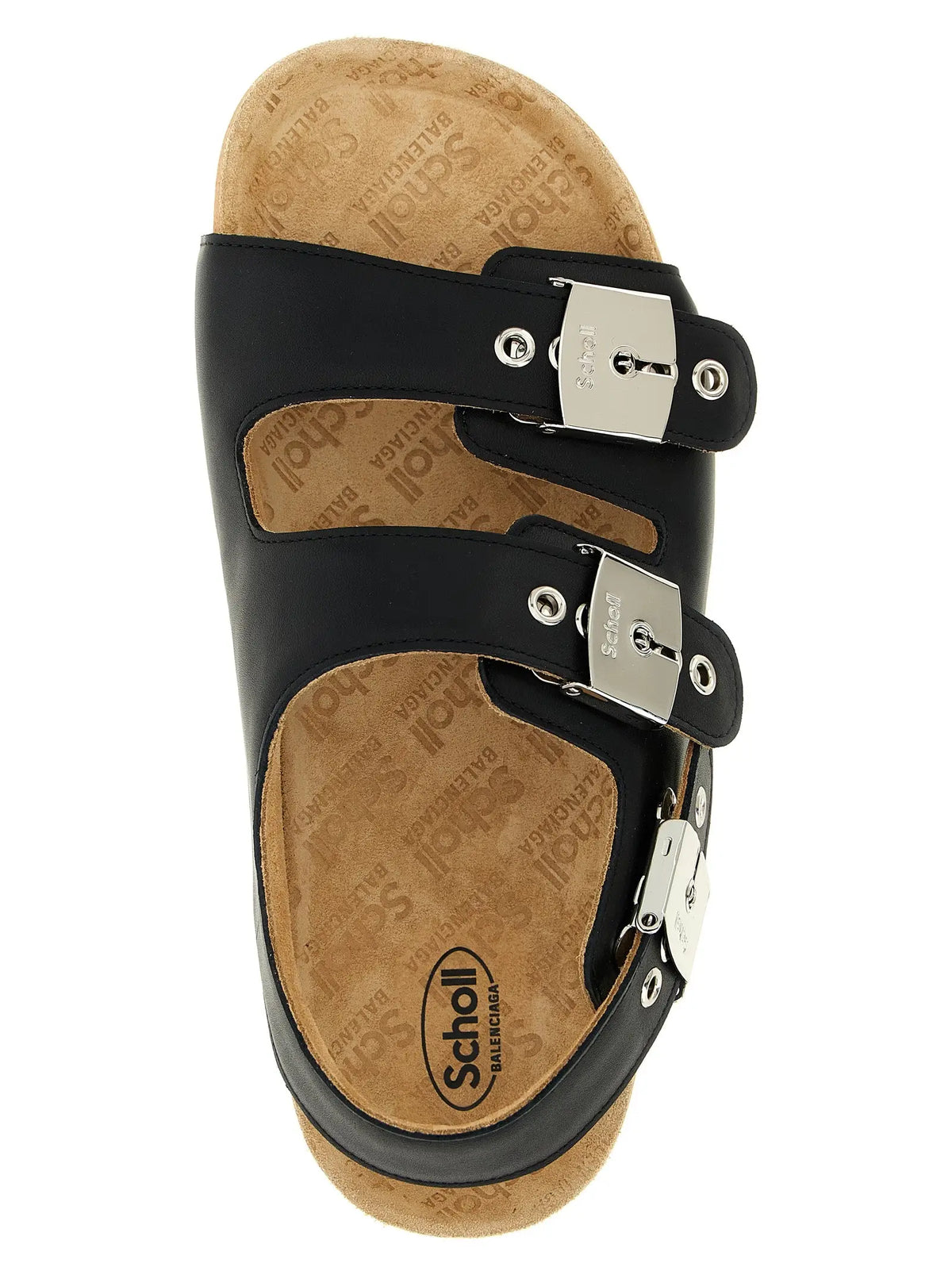 Sandales plates balenciaga en cuir de veau noir avec boucles argentées et semelle en liège scholl