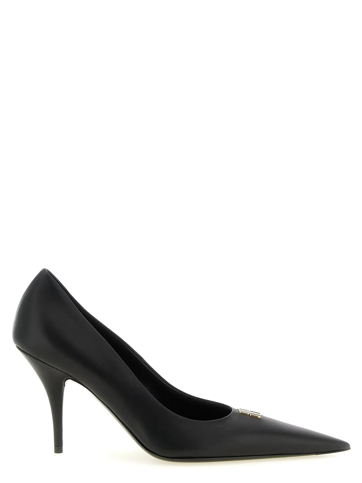 Escarpin Balenciaga noir en cuir de veau avec bout pointu, talon fin et petit logo métallique sur la tige