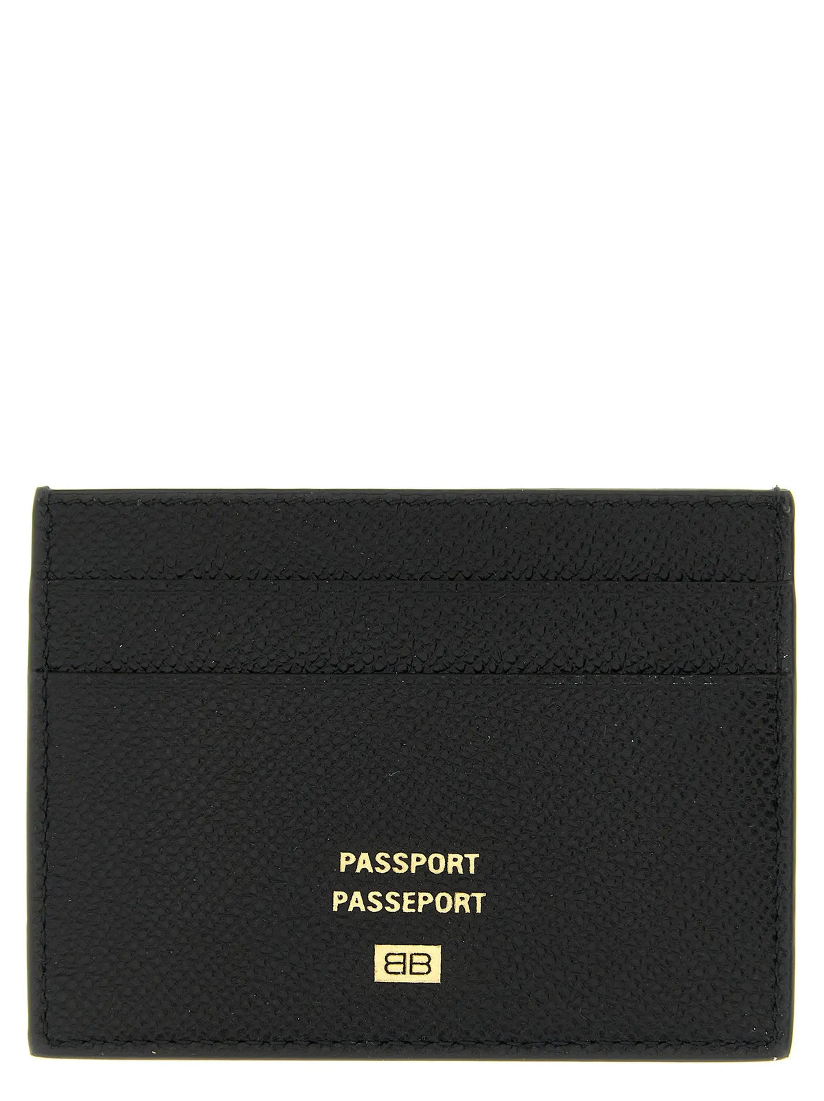 Carte de passeport noire en cuir texturé avec lettrage et logo en doré pour portefeuille balenciaga en veau noir