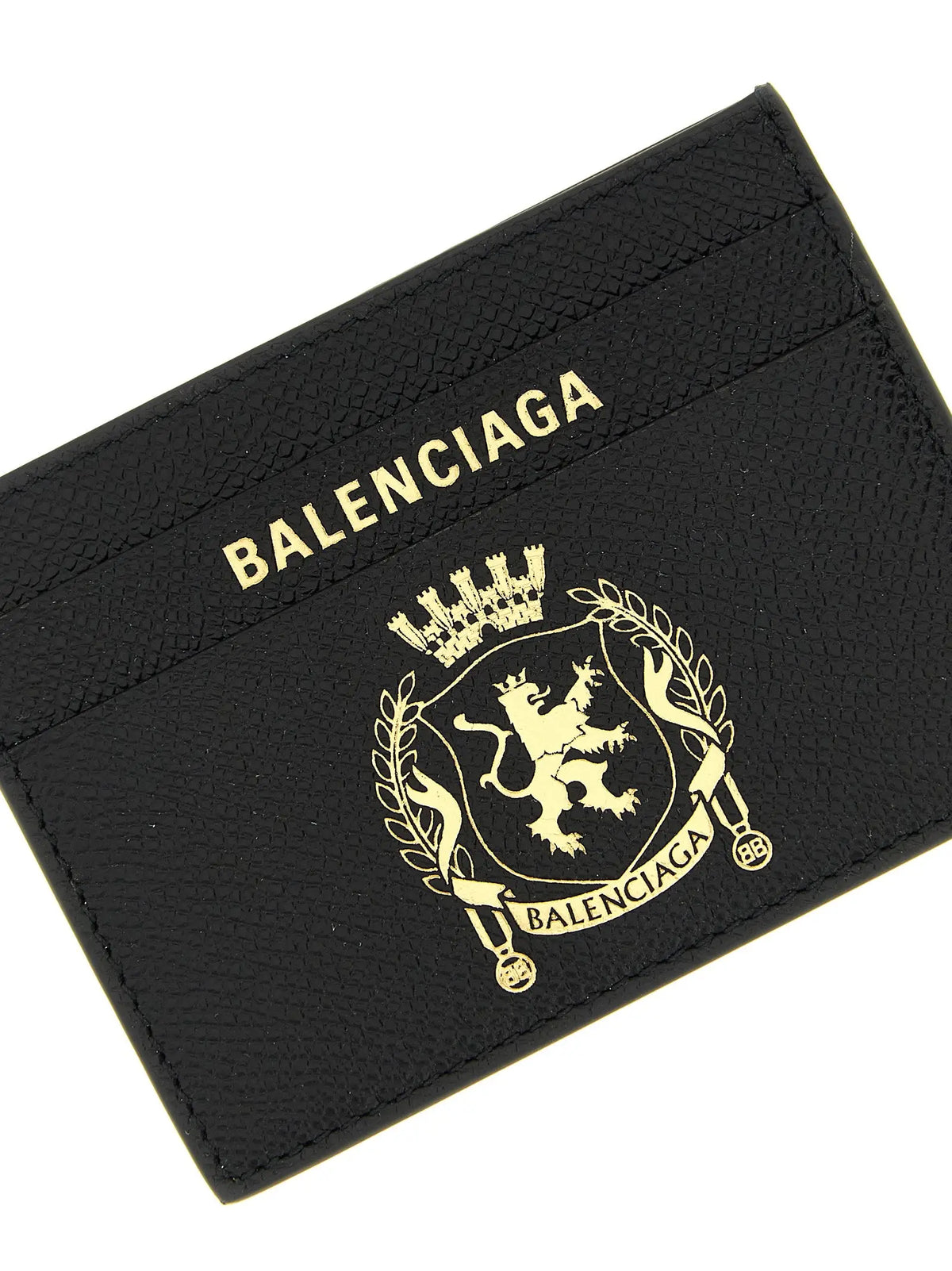 Porte-cartes noir en cuir de veau balenciaga avec un blason doré embossé lion et couronne de laurier