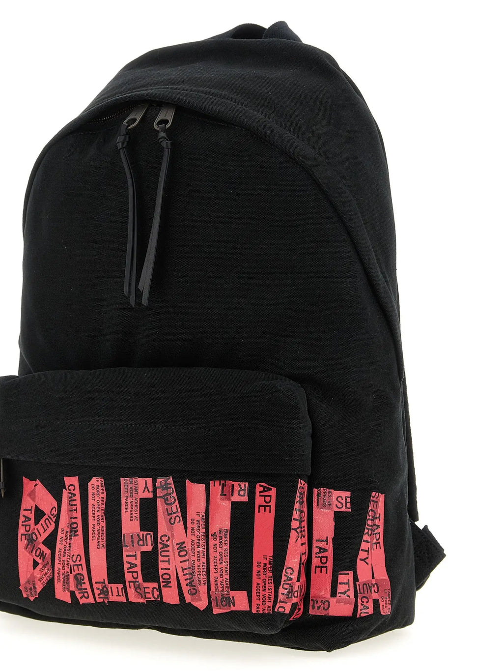 Sac à dos balenciaga noir en coton avec bande rose style ruban de sécurité sur la poche avant