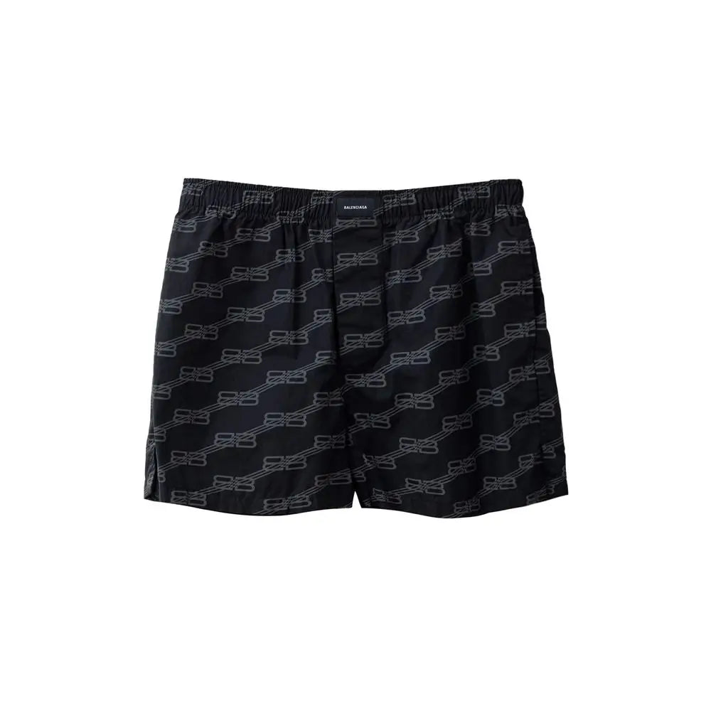 Short bermuda noir balenciaga en coton avec motif chaîne grise répété sur le tissu