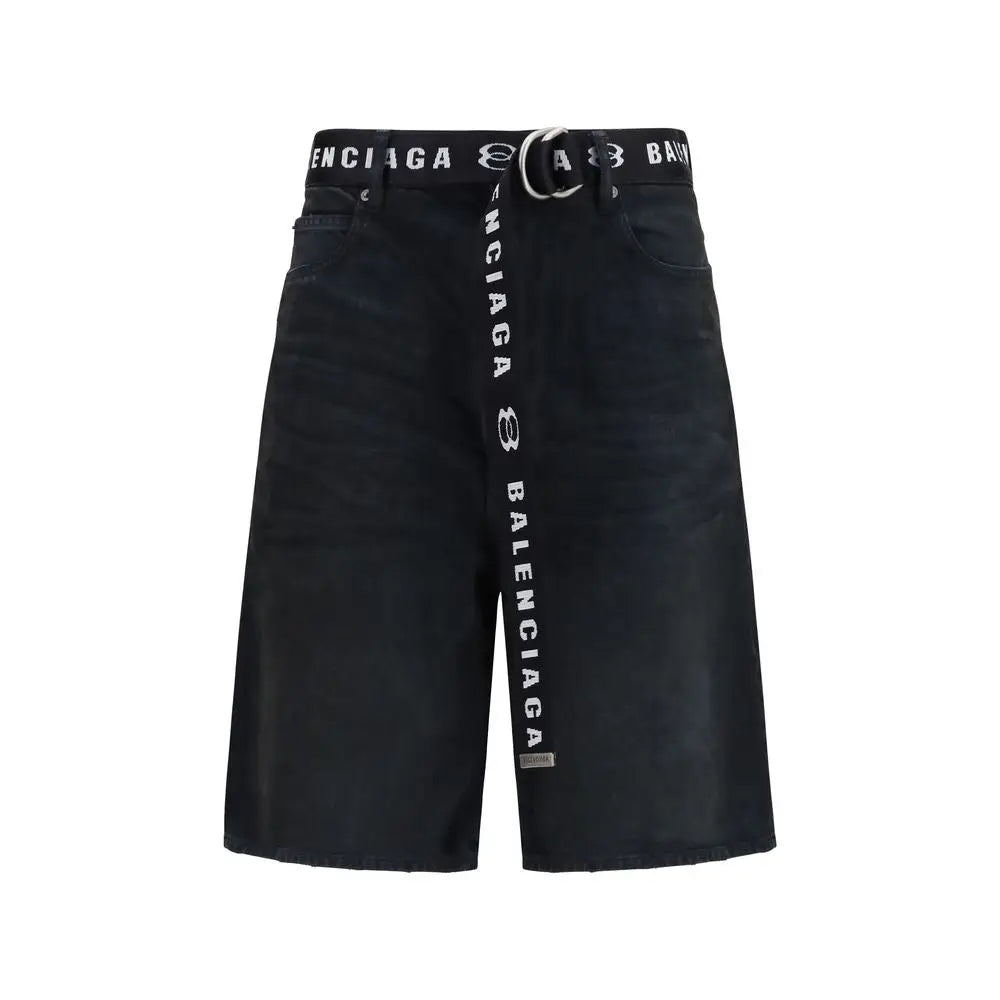 Short balenciaga bermuda noir en coton avec ceinture logo blanche et bande latérale assortie