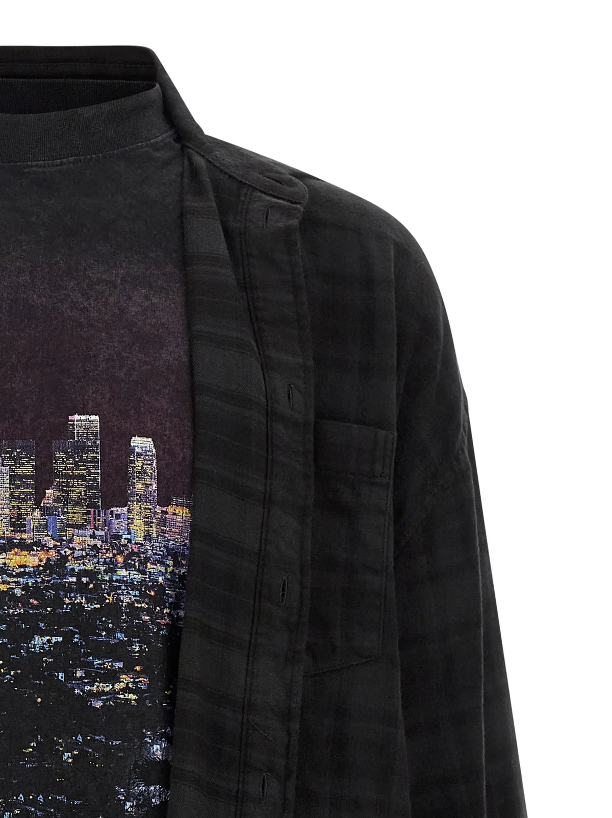 Chemise noire en coton balenciaga à carreaux avec imprimé de paysage urbain sur le devant