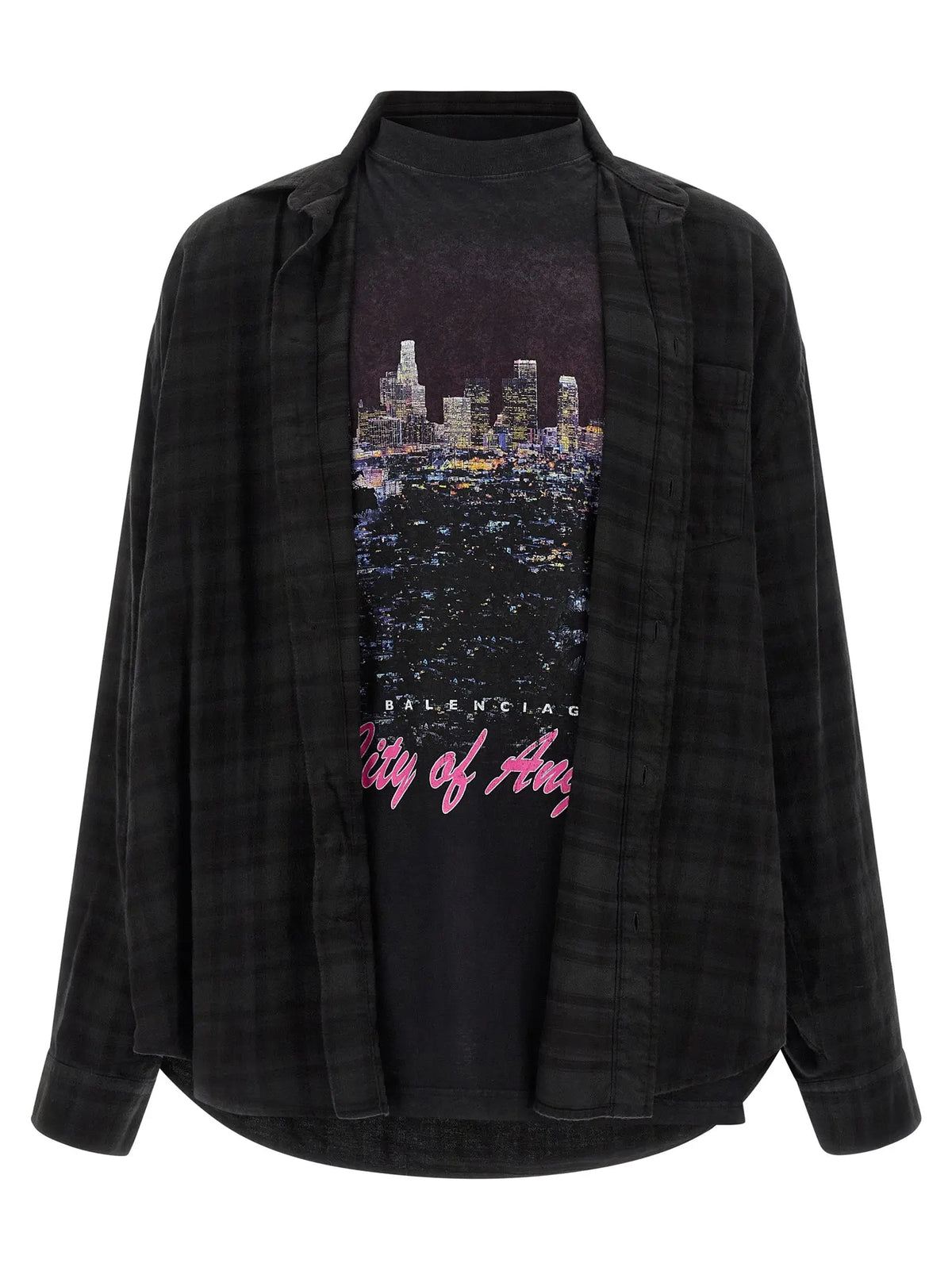 Balenciaga blouse en coton noir avec tee graphic city of angels et chemise à carreaux noire superposée