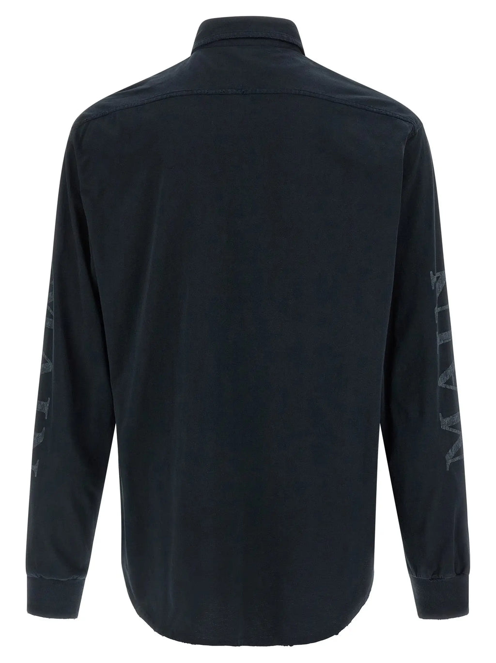 Balenciaga blouse noire en coton à manches longues avec boutons et lettres grises verticales discrètes sur les manches