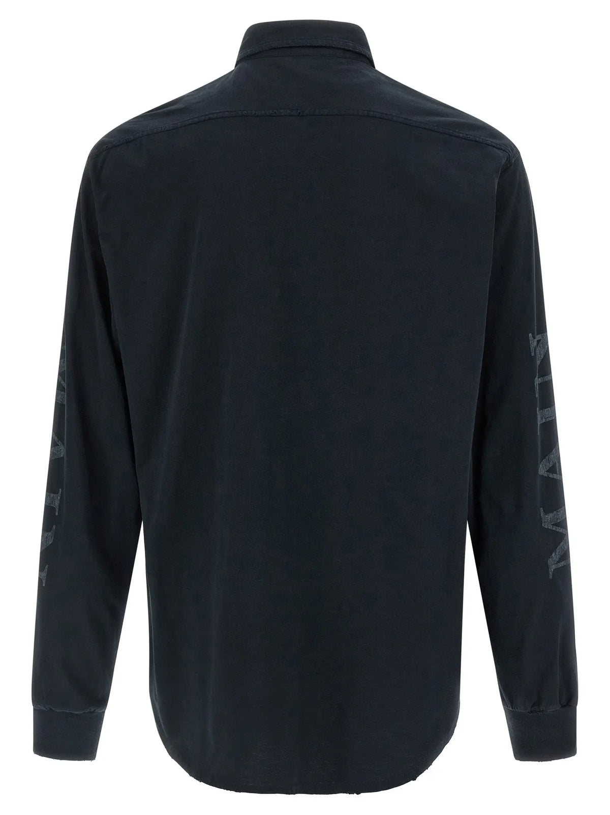 Balenciaga blouse noire en coton à manches longues avec boutons et lettres grises verticales discrètes sur les manches
