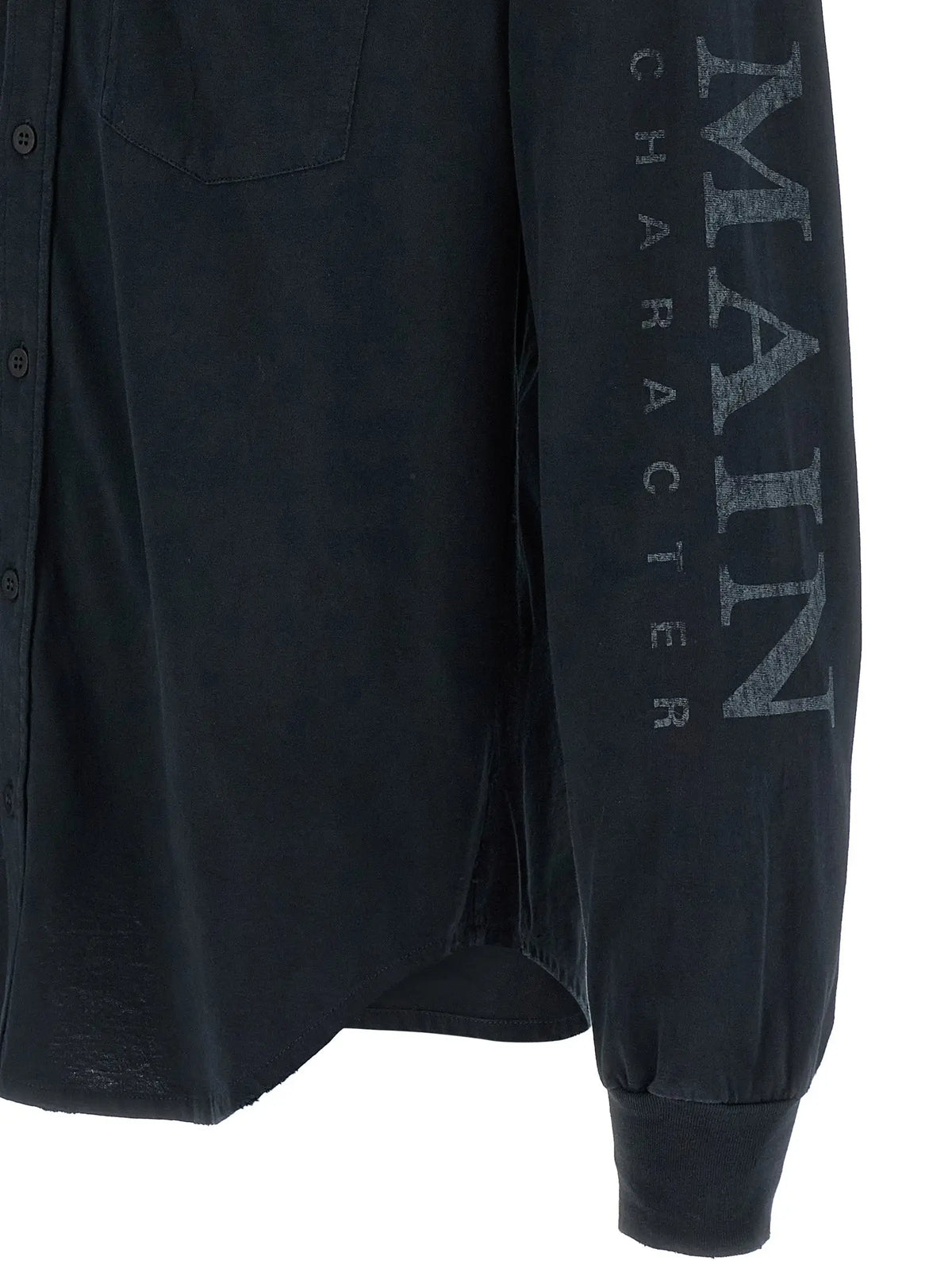 Chemise noire en coton balenciaga à manches longues avec inscription main character en lettres grises délavées sur la manche