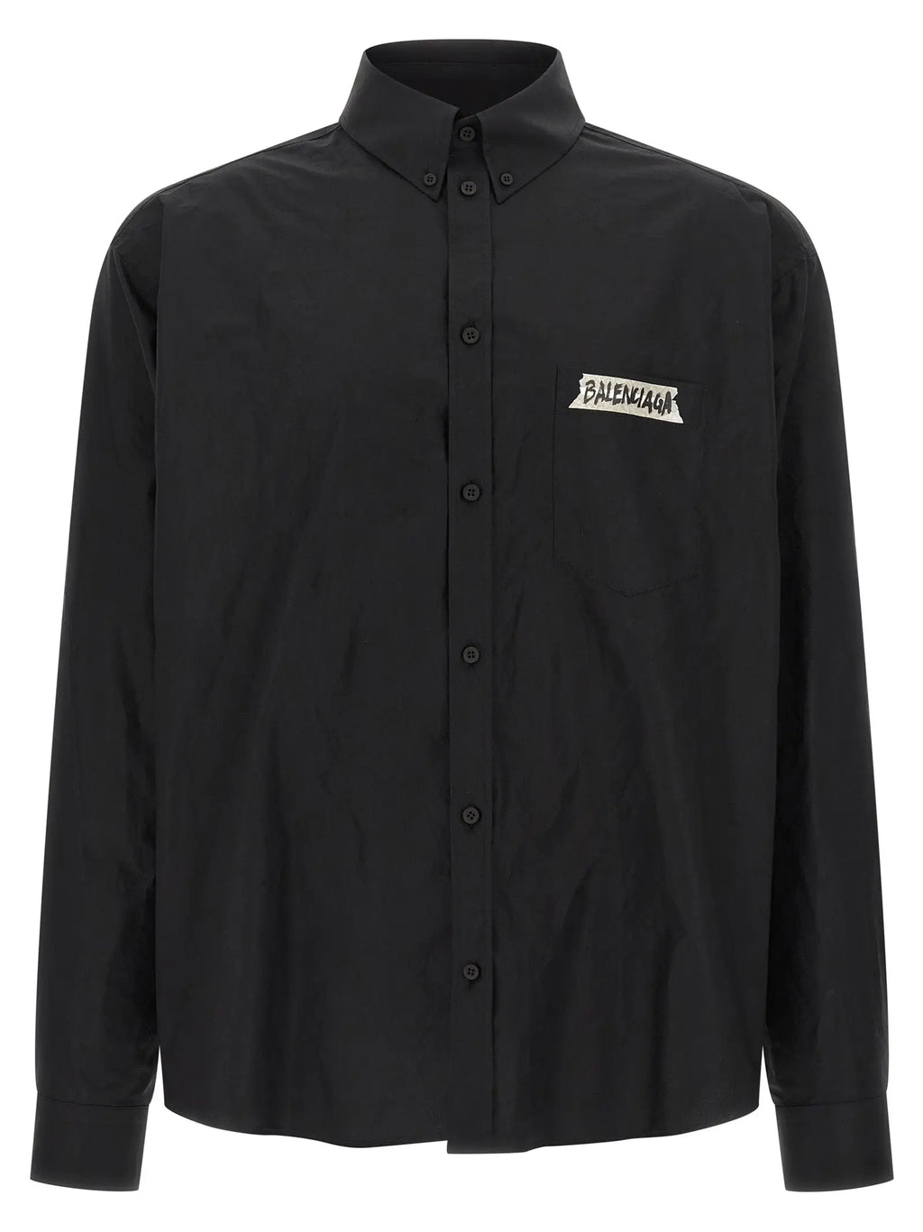 Chemise balenciaga noire en coton avec logo blanc brodé sur la poche poitrine