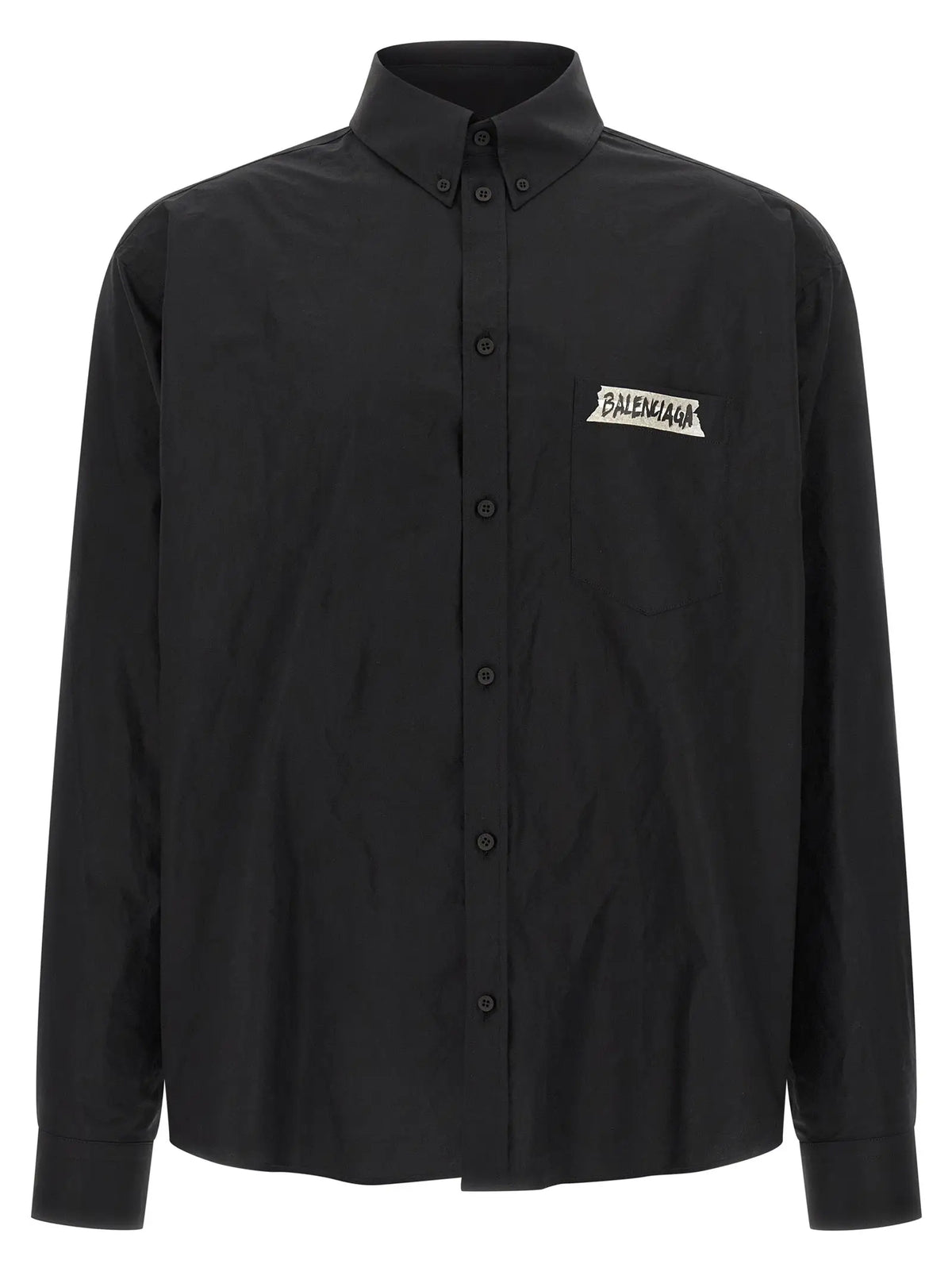 Chemise balenciaga noire en coton avec logo blanc brodé sur la poche poitrine