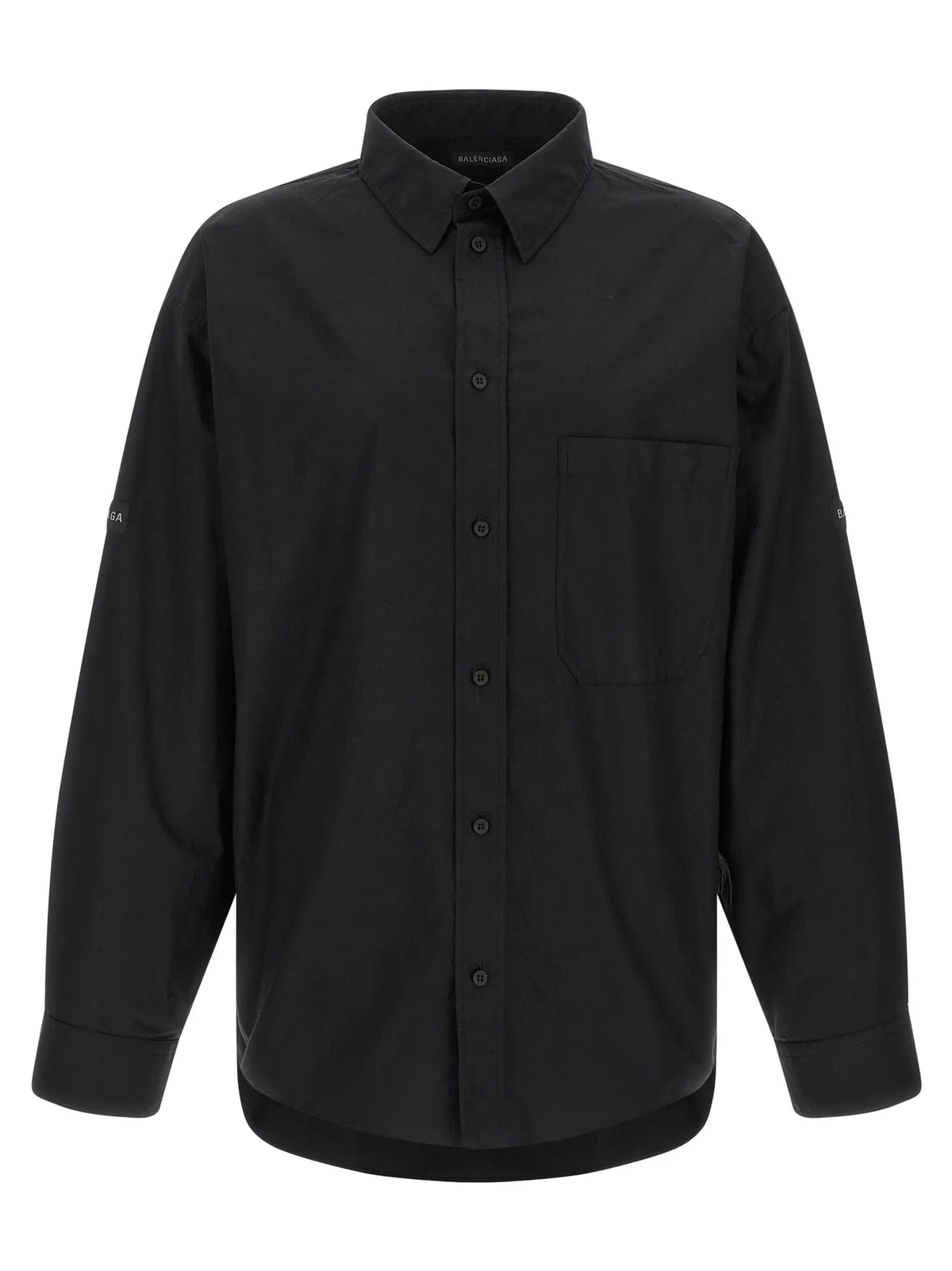 Blouse en coton noire balenciaga à manches longues avec col classique et poche poitrine avec branding discret sur la manche