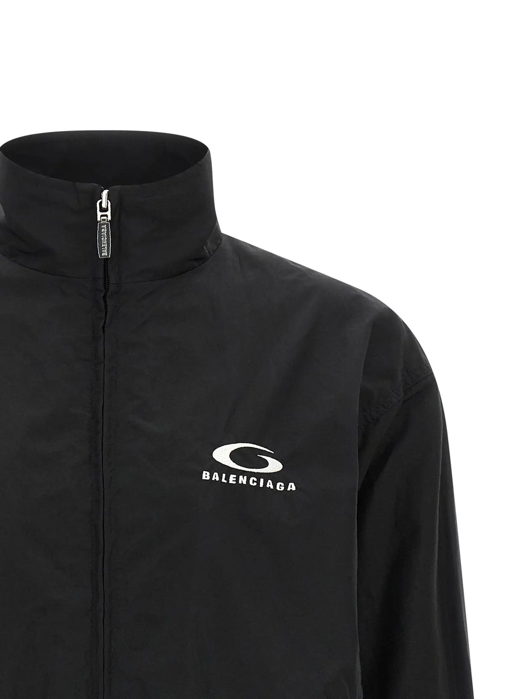 Veste bomber en coton noire balenciaga avec logo blanc brodé sur la poitrine et tirette de fermeture assortie
