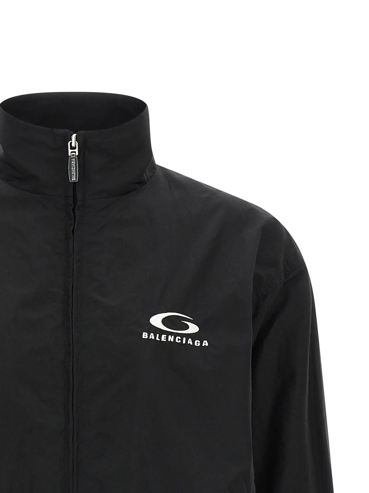 Veste bomber en coton noire balenciaga avec logo blanc brodé sur la poitrine et tirette de fermeture assortie