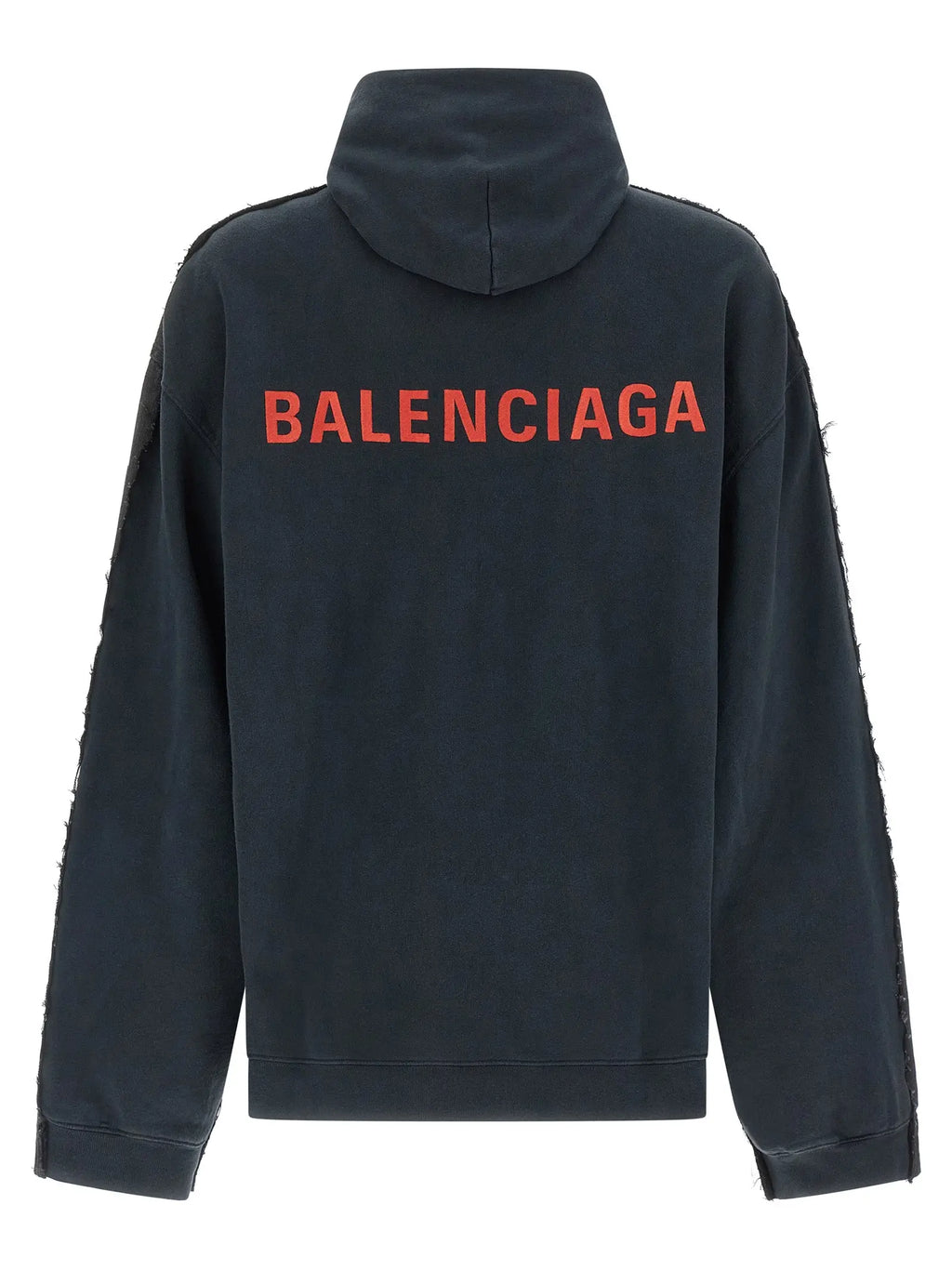 Veste en denim coton balenciaga noire vue de dos avec inscription orange audacieuse et manches effilochées