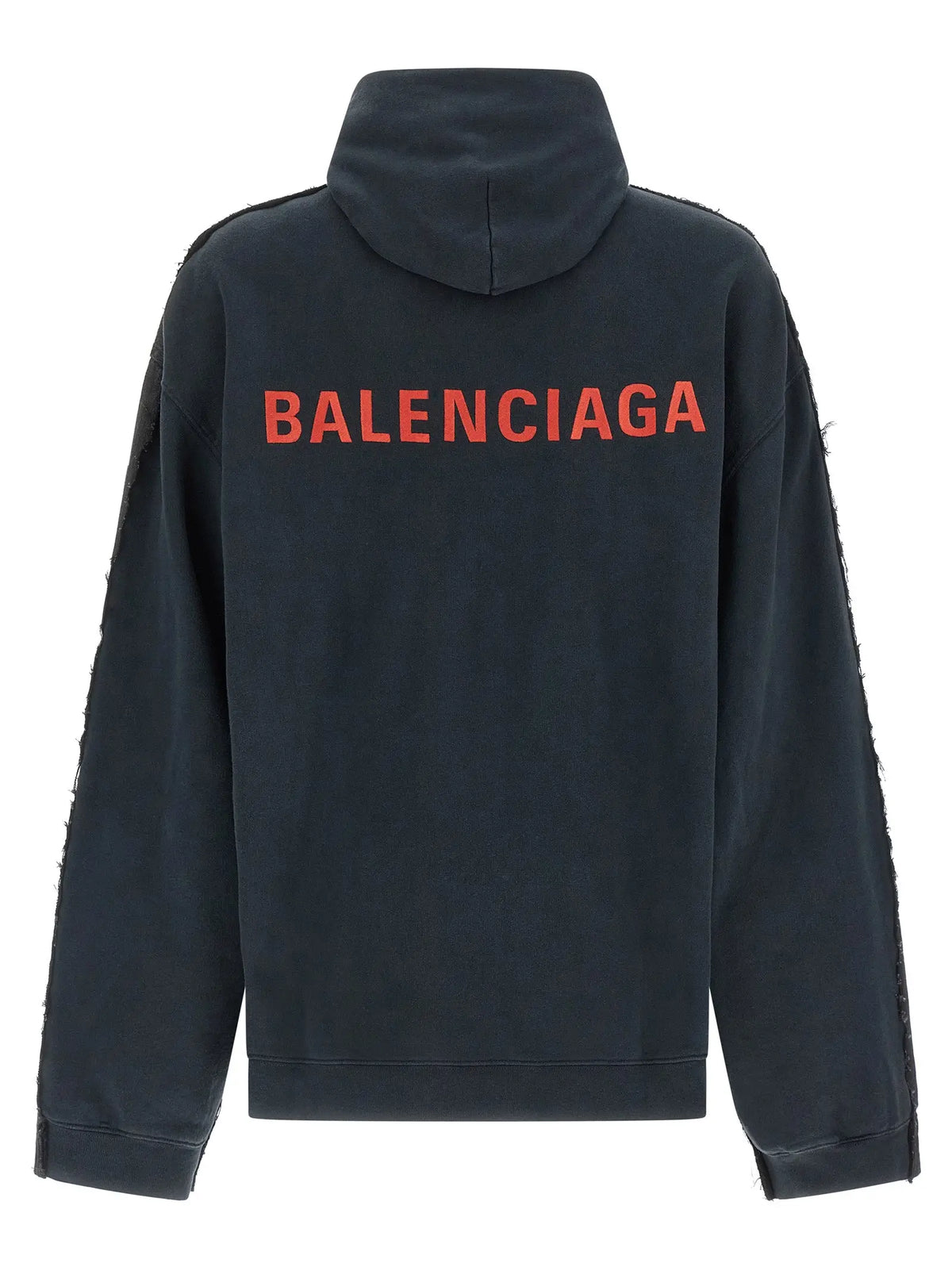 Veste en denim coton balenciaga noire vue de dos avec inscription orange audacieuse et manches effilochées