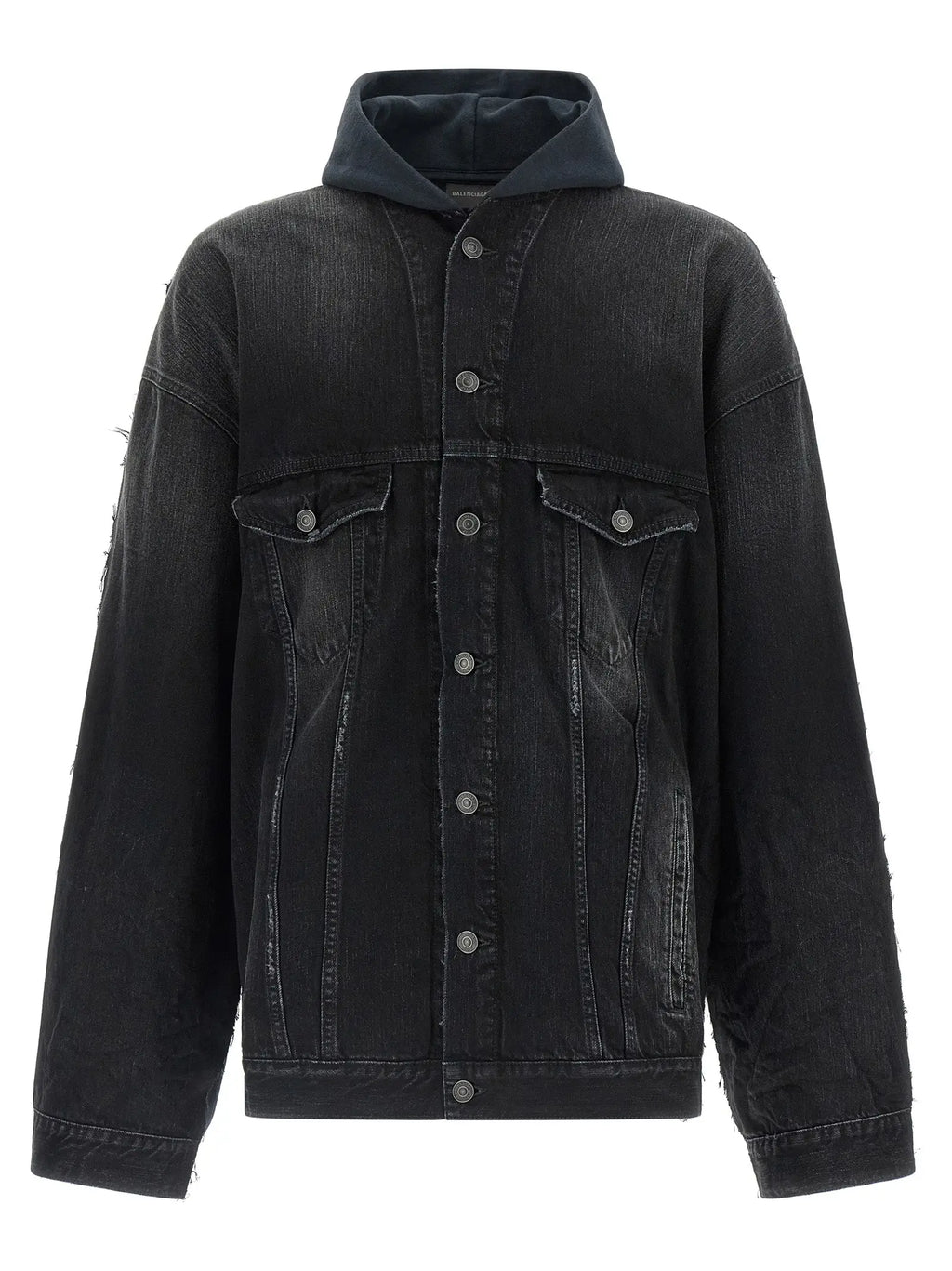 Veste en denim noir balenciaga en coton avec capuche, texture déchirée et boutons argentés