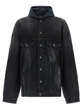 Veste en denim noir balenciaga en coton avec capuche, texture déchirée et boutons argentés