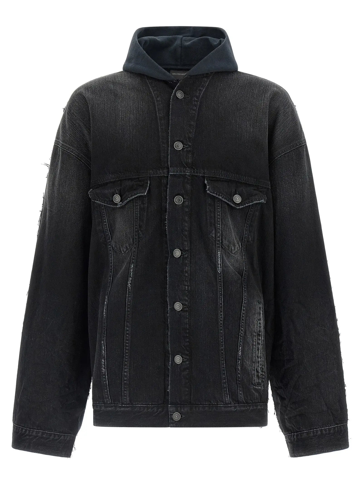 Veste en denim noir balenciaga en coton avec capuche, texture déchirée et boutons argentés