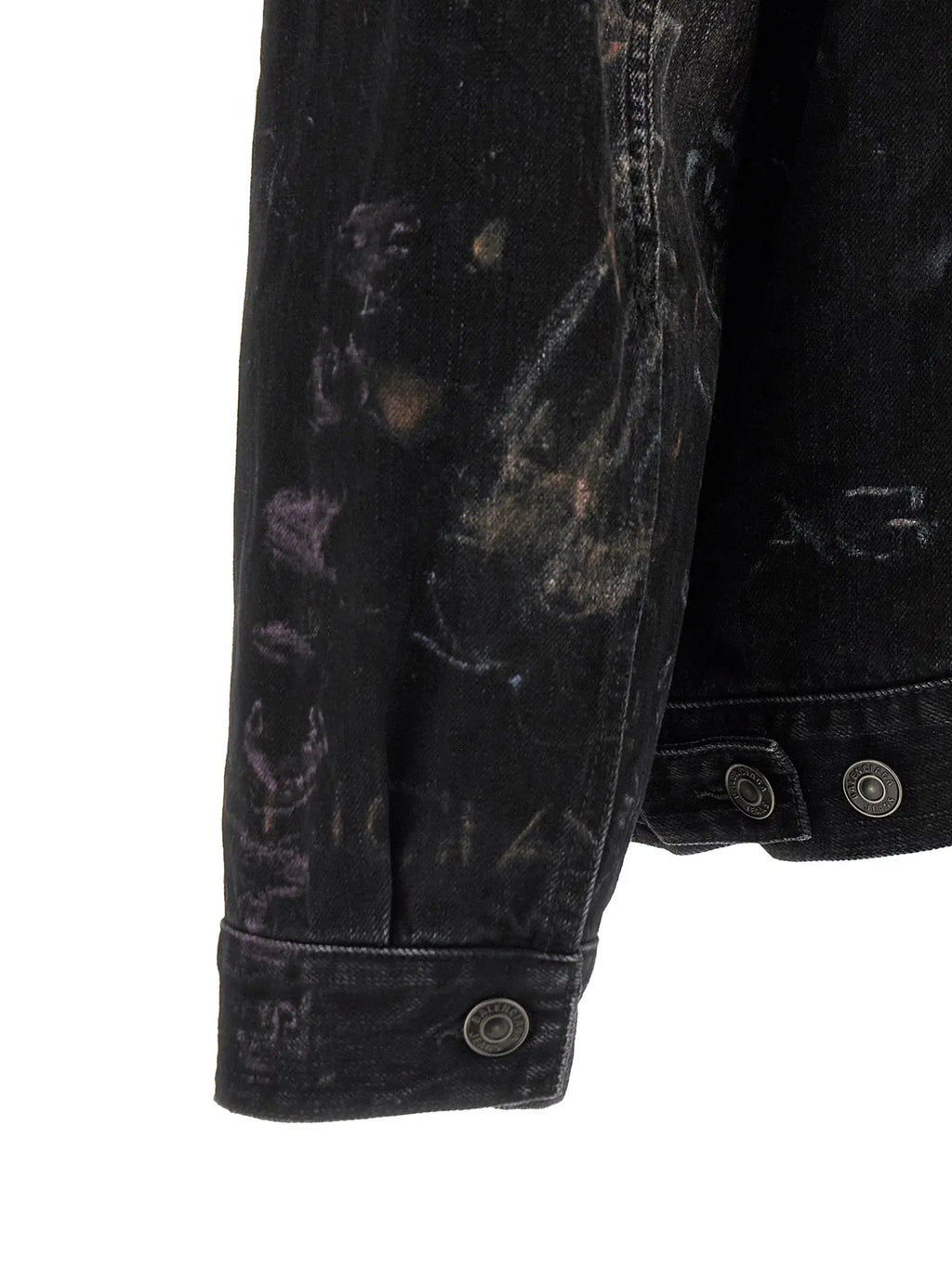 Manche de veste en jean noire balenciaga en coton avec texture déchirée et éclaboussures de peinture métallique