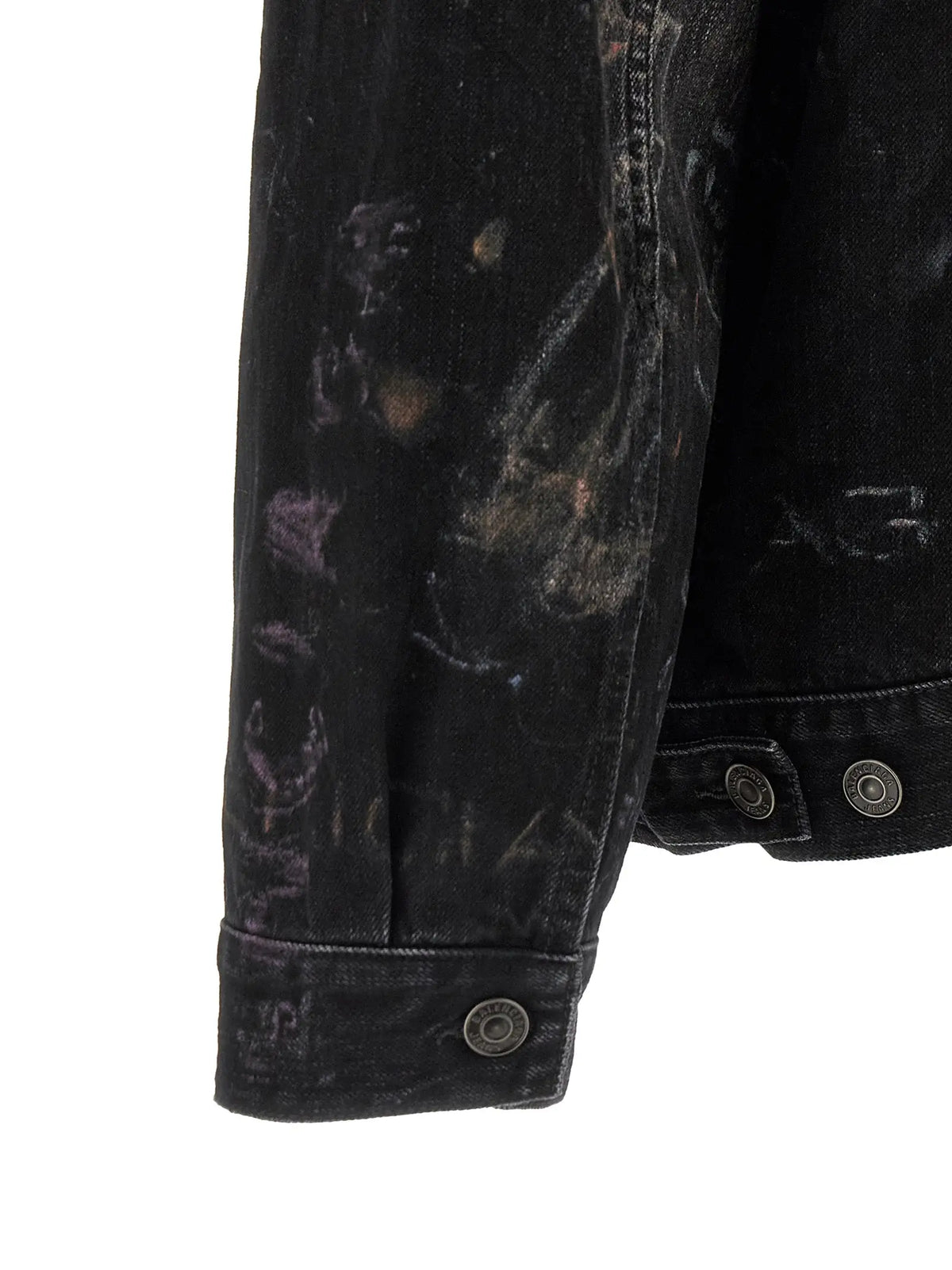 Manche de veste en jean noire balenciaga en coton avec texture déchirée et éclaboussures de peinture métallique