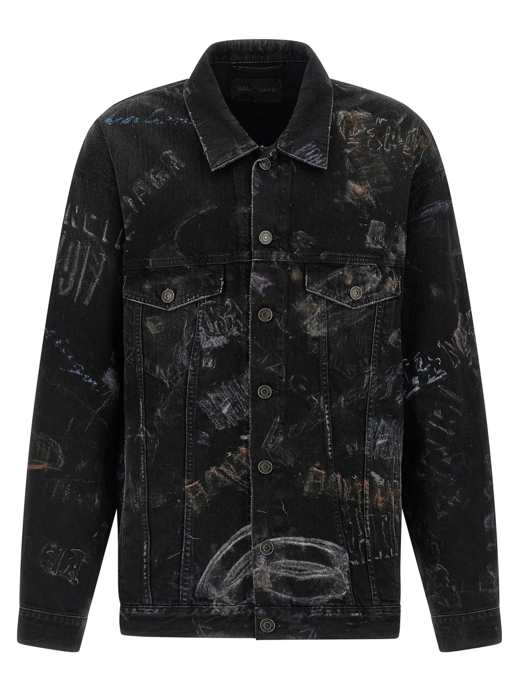 Veste en denim noir balenciaga en coton avec impression graphique style graffiti blanc et gris sur le dos
