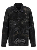 Veste en denim noir balenciaga en coton avec impression graphique style graffiti blanc et gris sur le dos