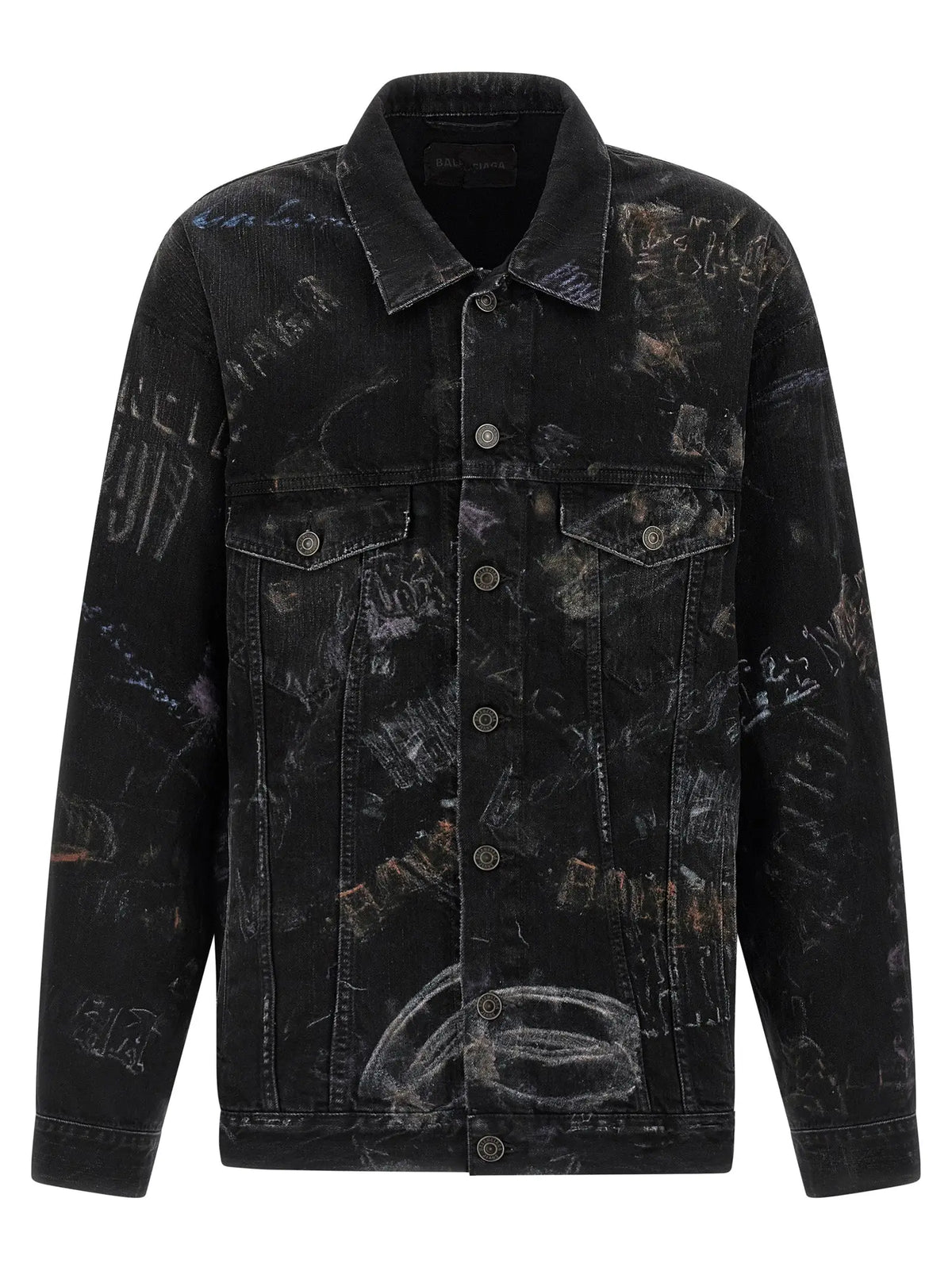 Veste en denim noir balenciaga en coton avec impression graphique style graffiti blanc et gris sur le dos